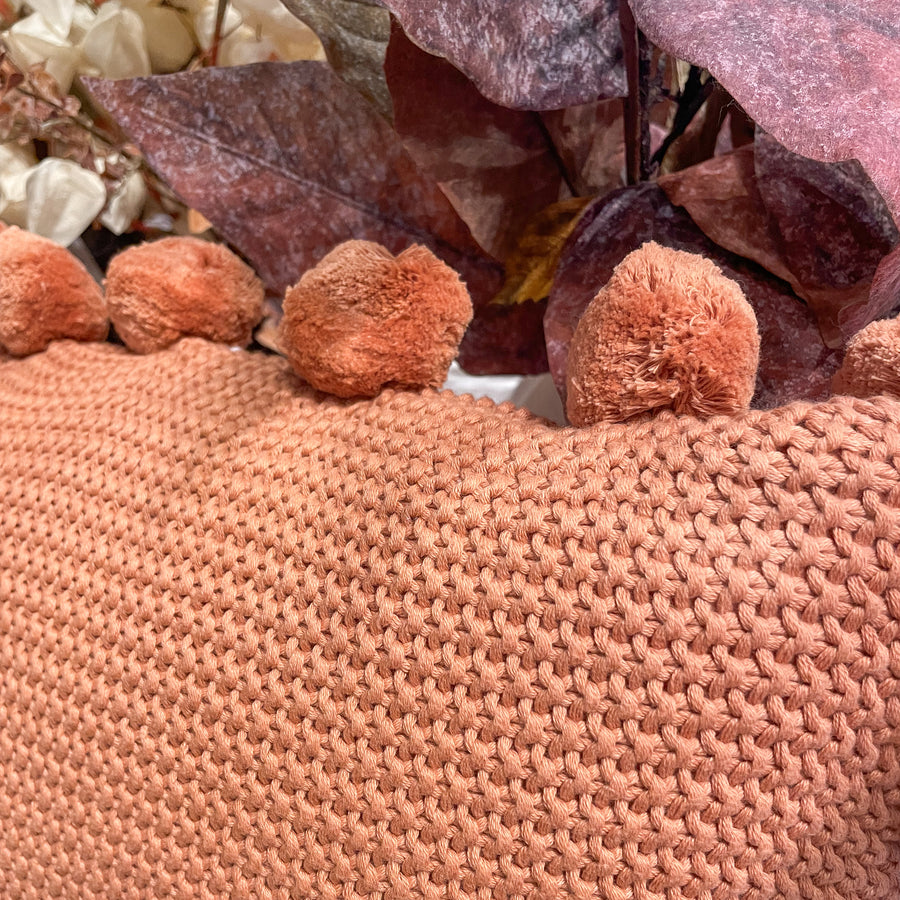 Rust Moss Stitch Knit Pillow w/ Pom Pom 20”