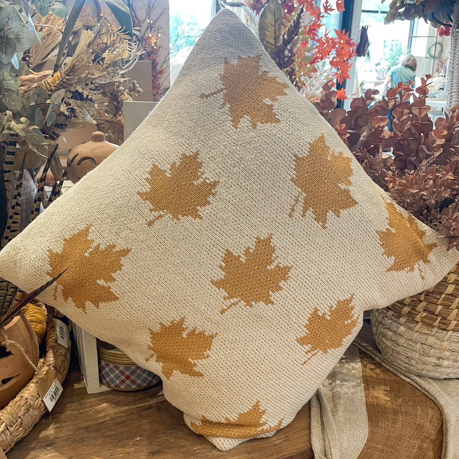 Cream Cotton Knit Pillow w/ Yellow Leaves 20”