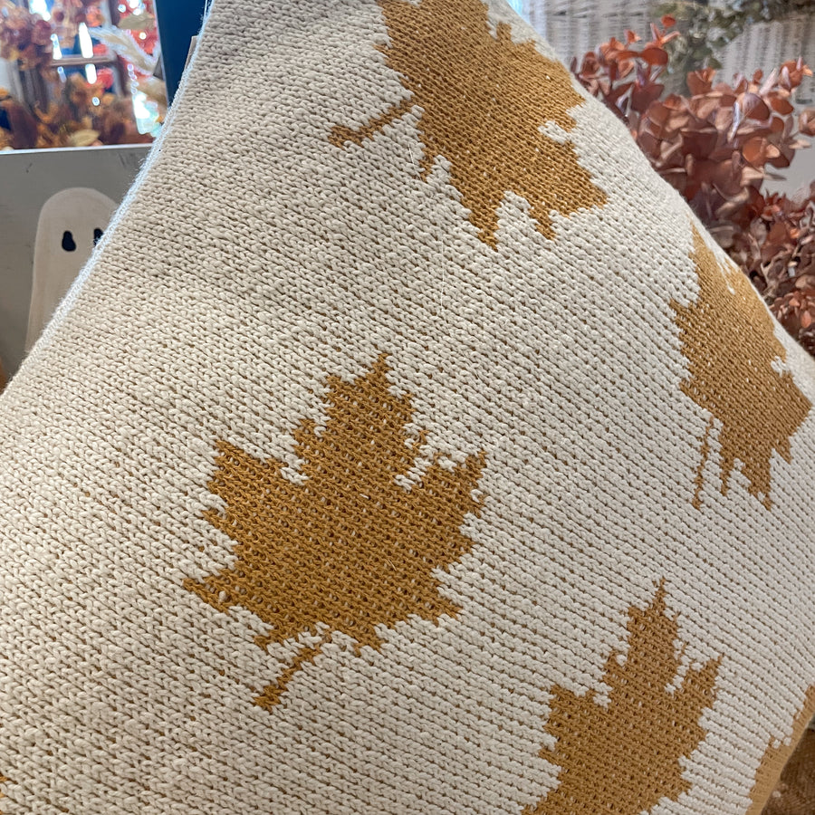 Cream Cotton Knit Pillow w/ Yellow Leaves 20”