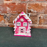 Pink Lighted Frosted Gingerbread House Orn 4.25”