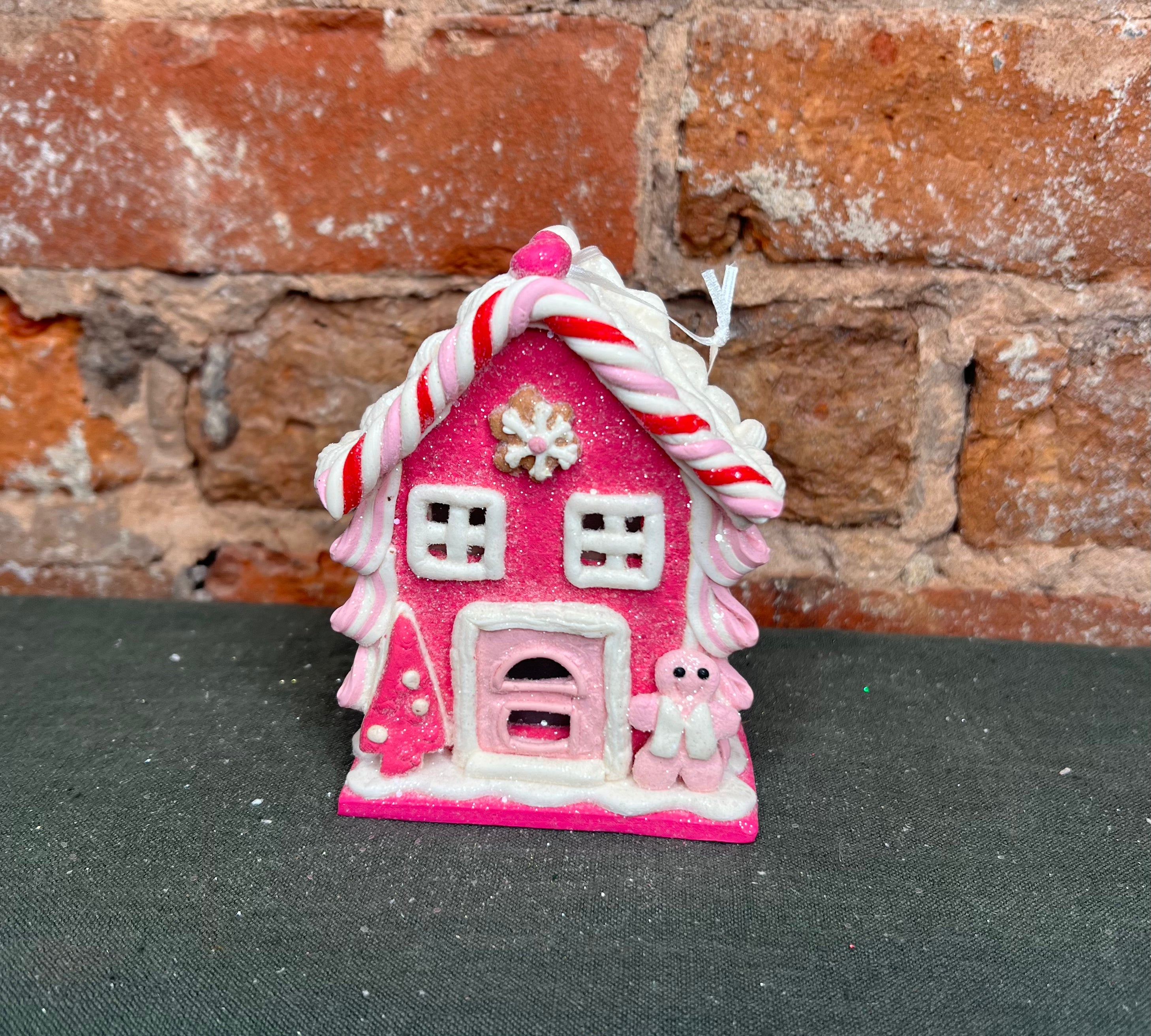 Pink Lighted Frosted Gingerbread House Orn 4.25”