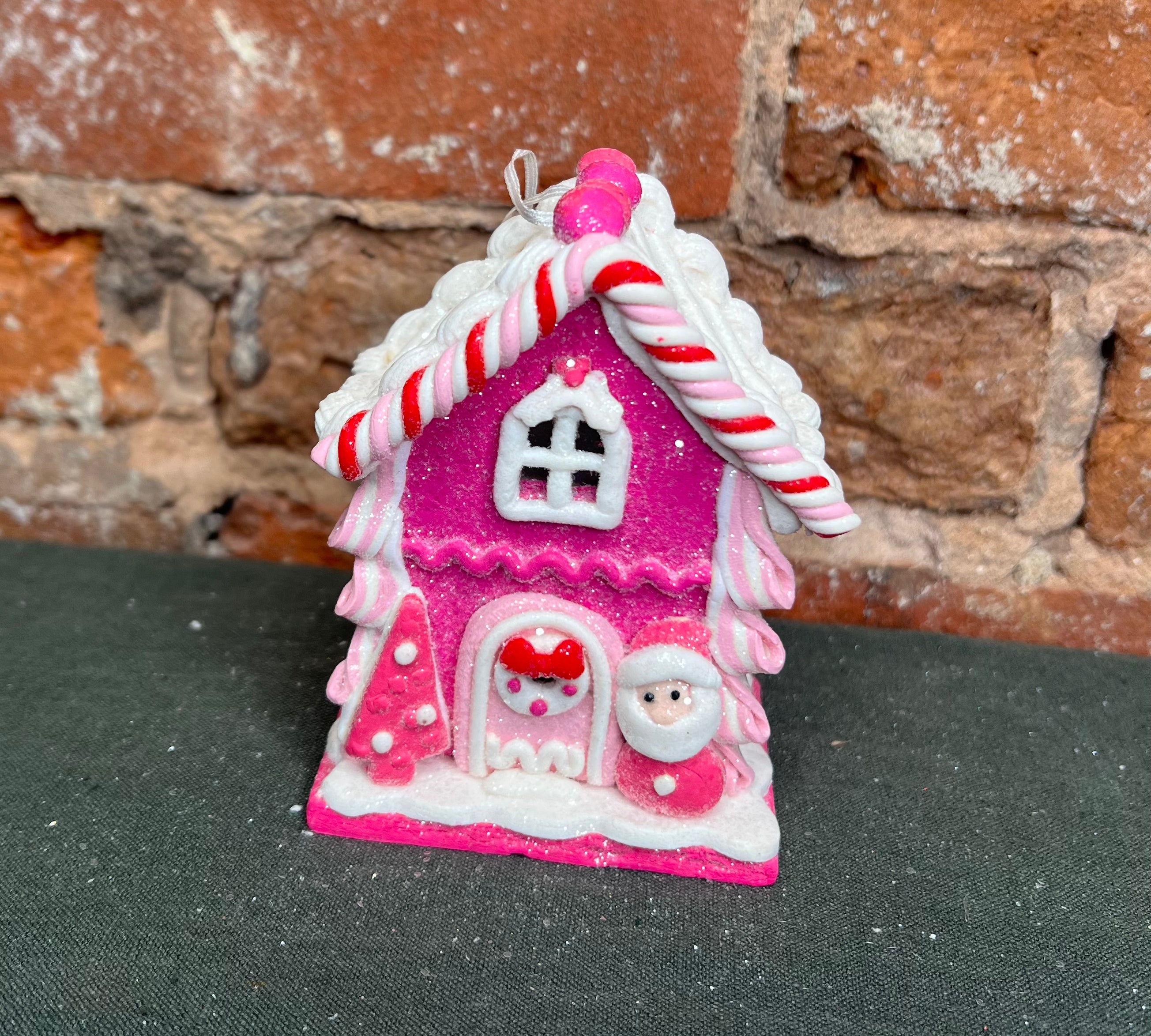 Pink Lighted Frosted Gingerbread House Orn 4.25”