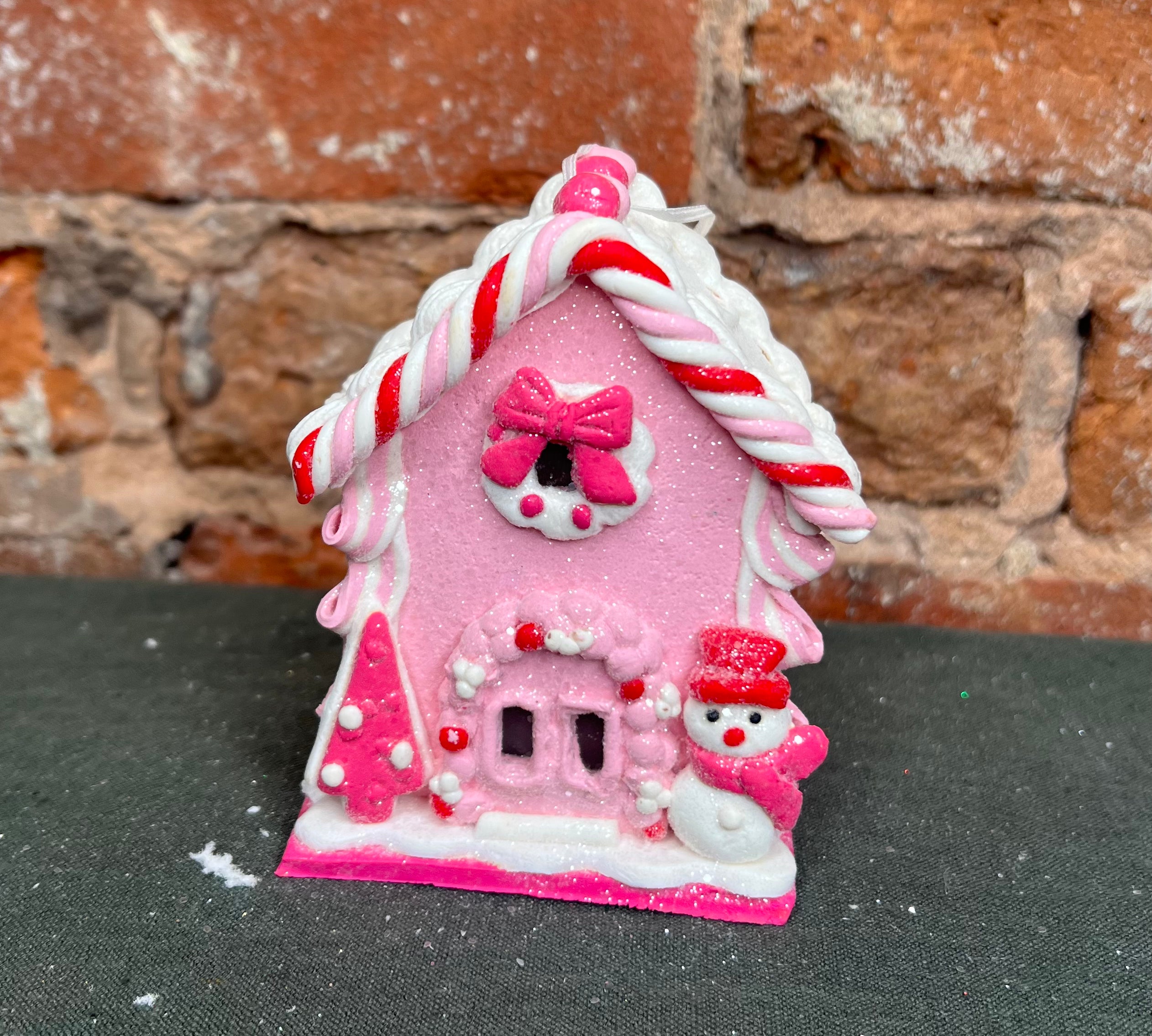 Pink Lighted Frosted Gingerbread House Orn 4.25”