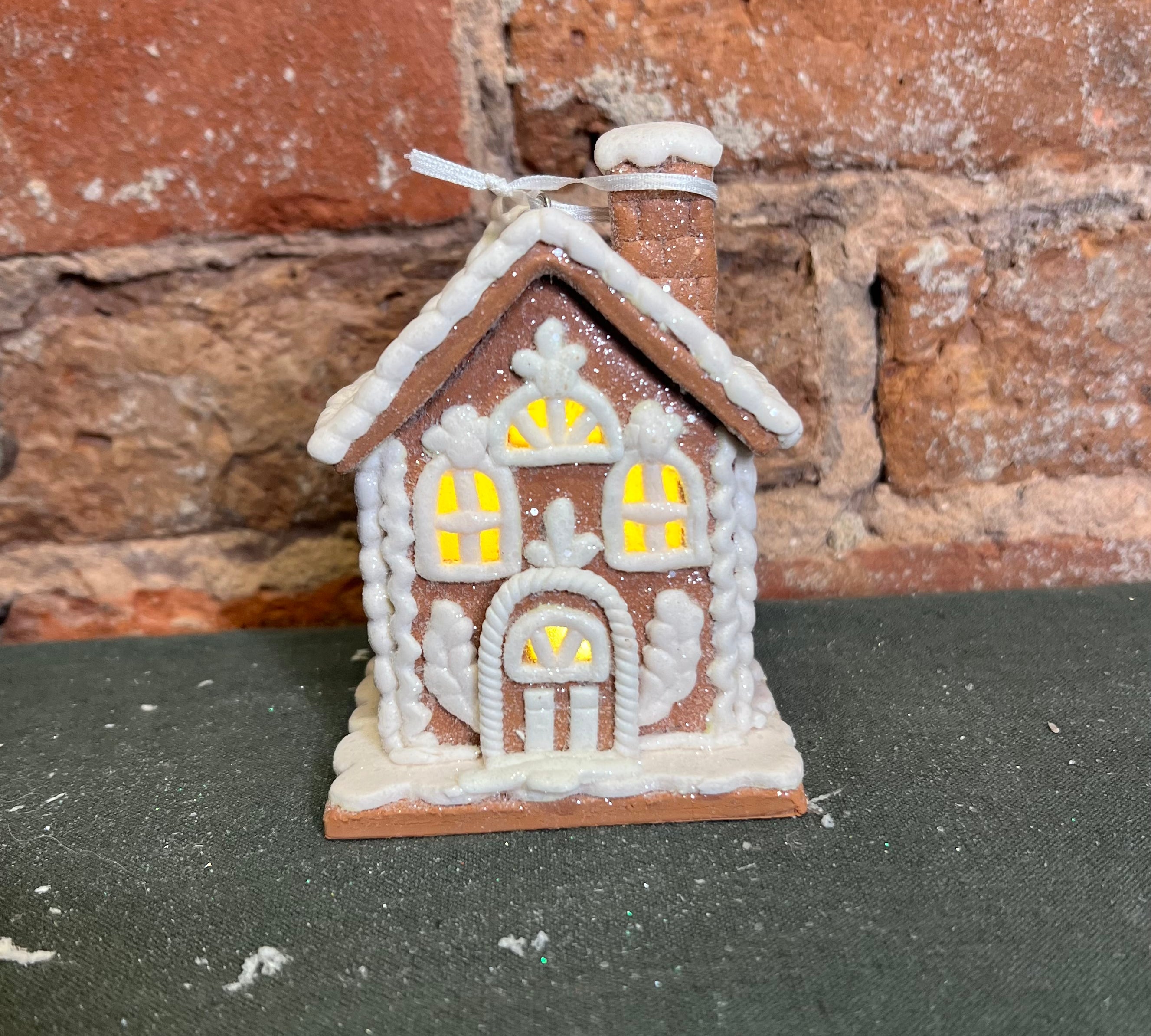 Brown Lighted Frosted Gingerbread House Orn 4.25”