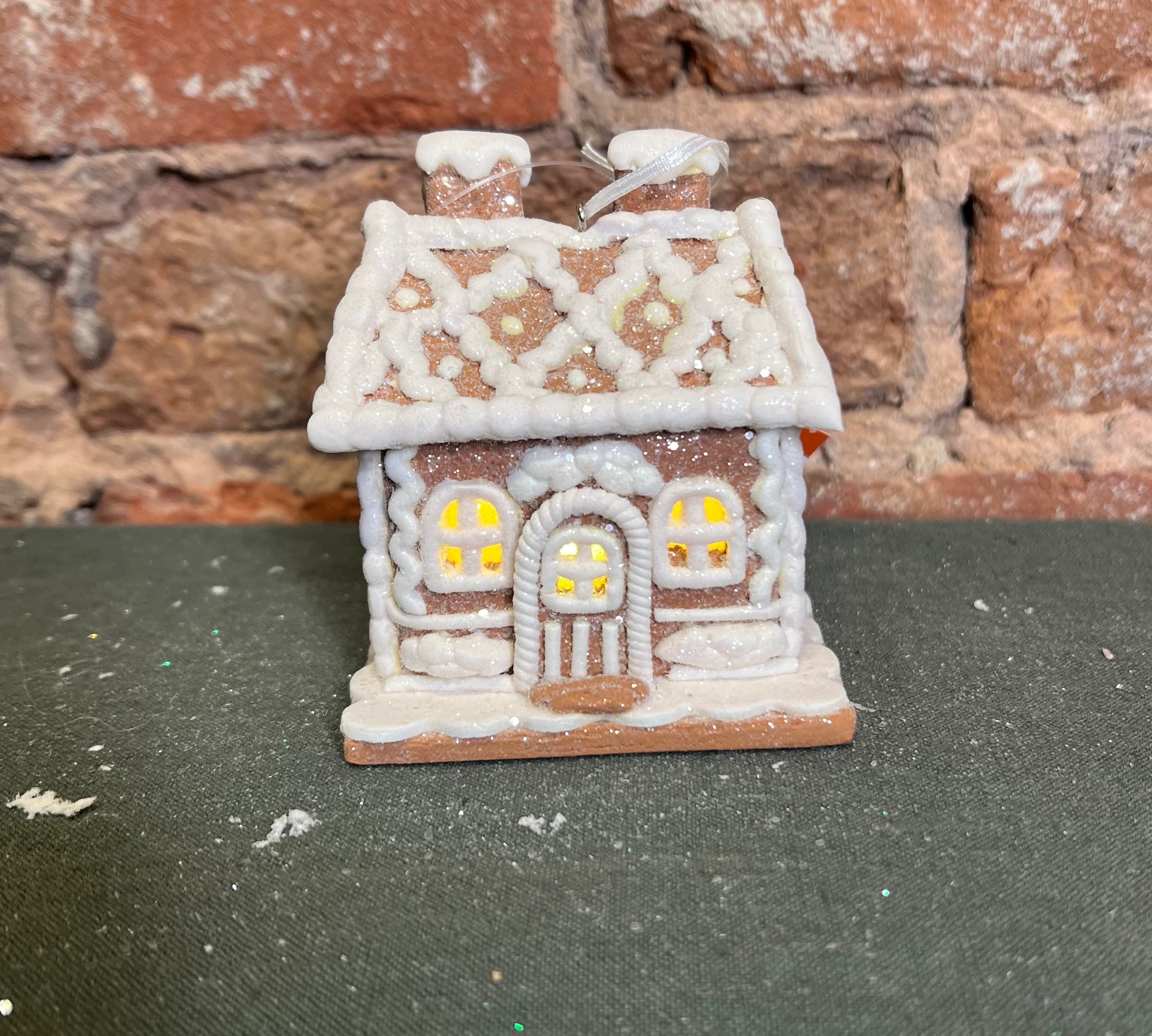 Brown Lighted Frosted Gingerbread House Orn 4.25”