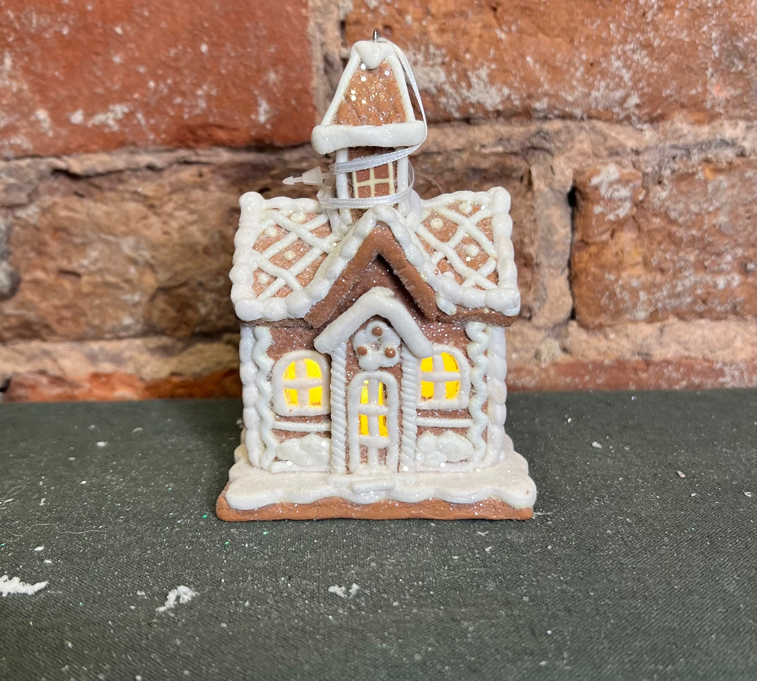 Brown Lighted Frosted Gingerbread House Orn 4.25”