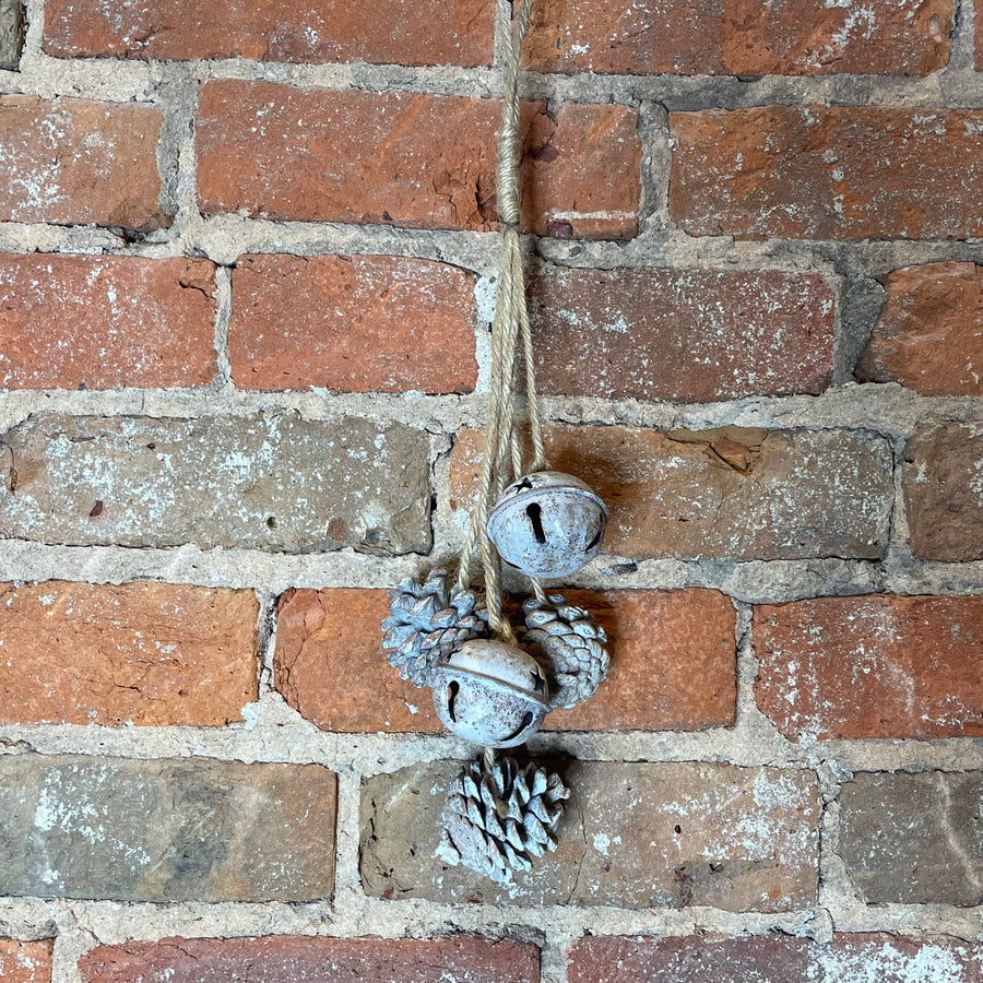 White Washed Iron Bell & Pine Cone Orn 14”