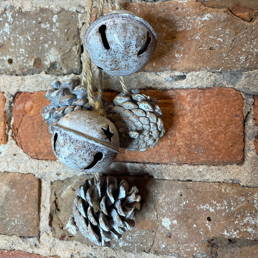 White Washed Iron Bell & Pine Cone Orn 14”