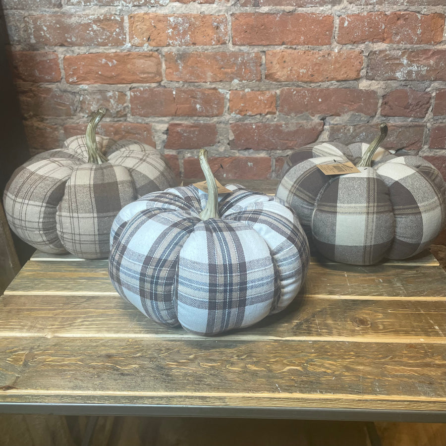 Plaid Fabric Pumpkin w/ Resin Stem 11x7.5”