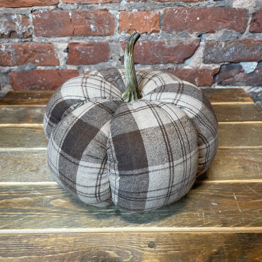 Plaid Fabric Pumpkin w/ Resin Stem 11x7.5”