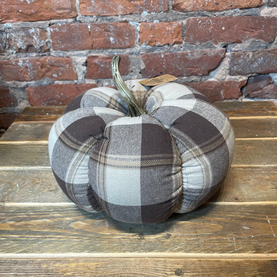 Plaid Fabric Pumpkin w/ Resin Stem 11x7.5”