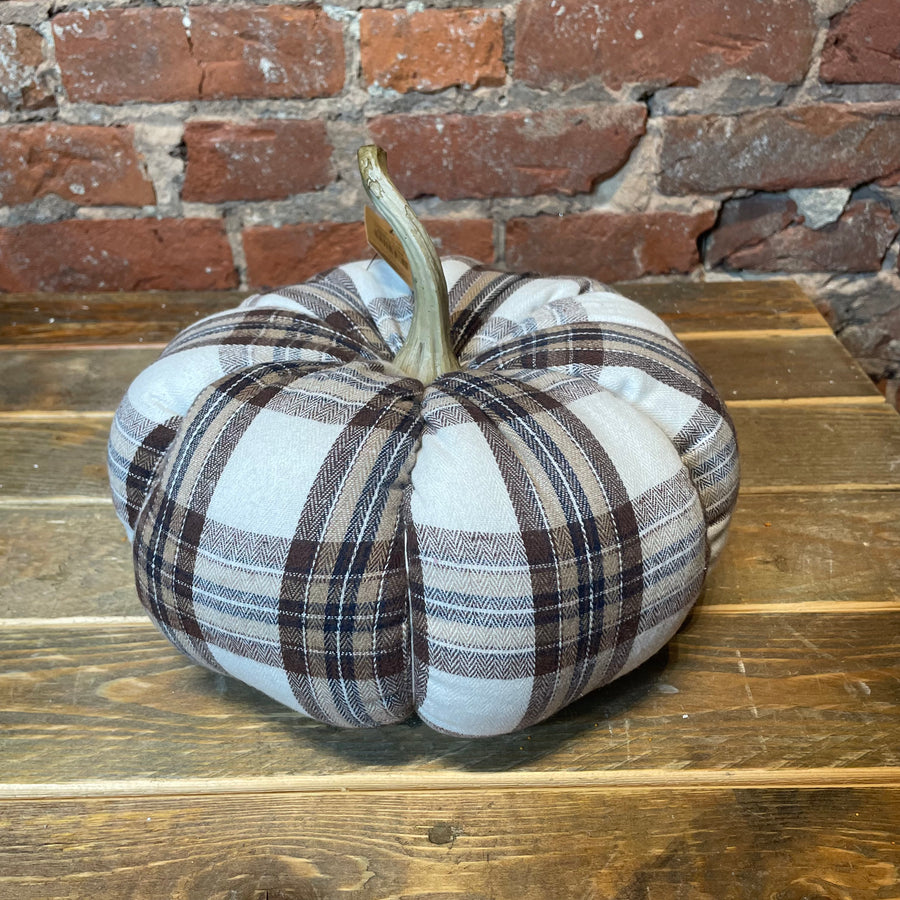 Plaid Fabric Pumpkin w/ Resin Stem 11x7.5”