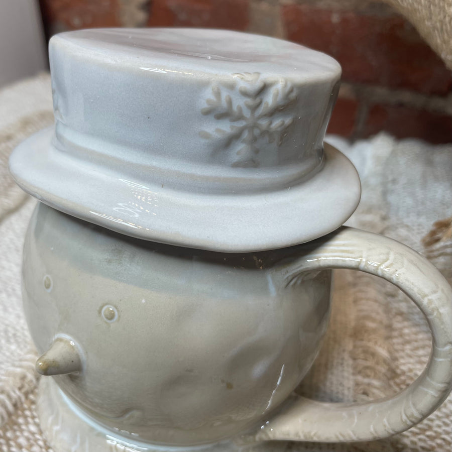 Antique White Glazed Stoneware Snowman Head Mug w/ Lid 16OZ