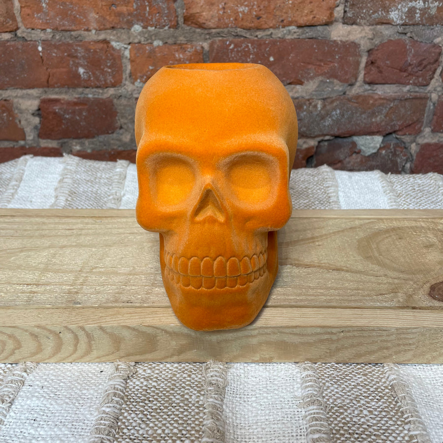 Resin Flocked Skull Container 6.75x6”