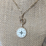 Gold Paperclip Chain Necklace w/White Circle Cross Pendant