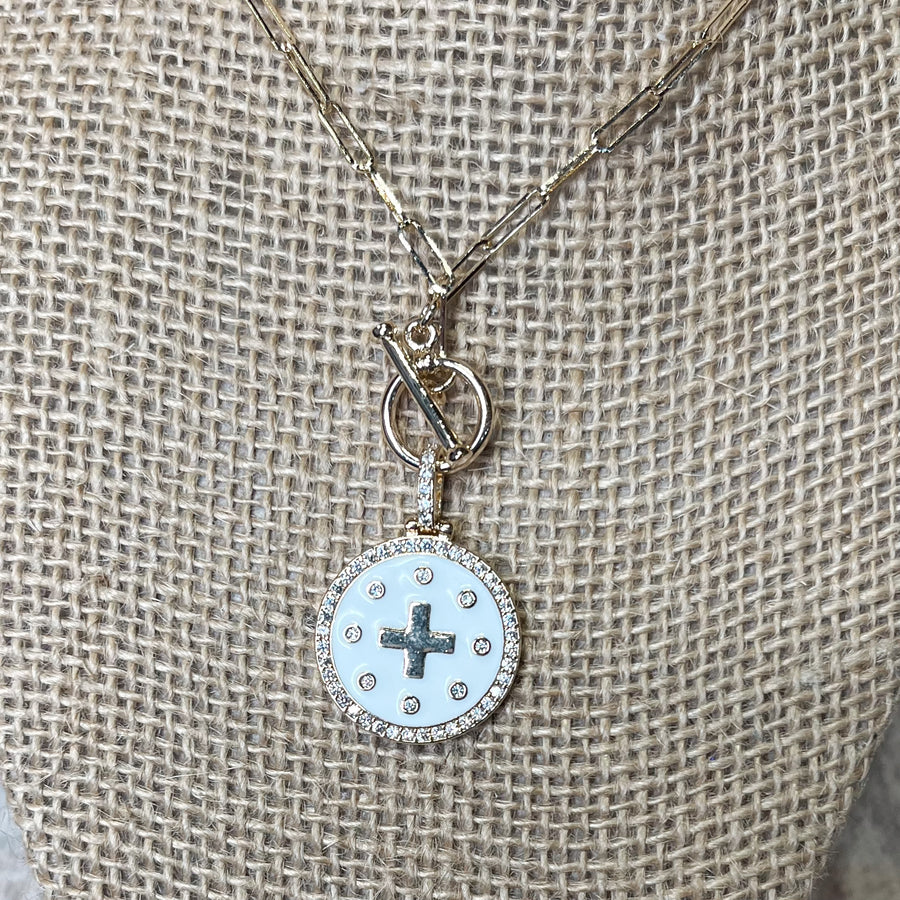 Gold Paperclip Chain Necklace w/White Circle Cross Pendant