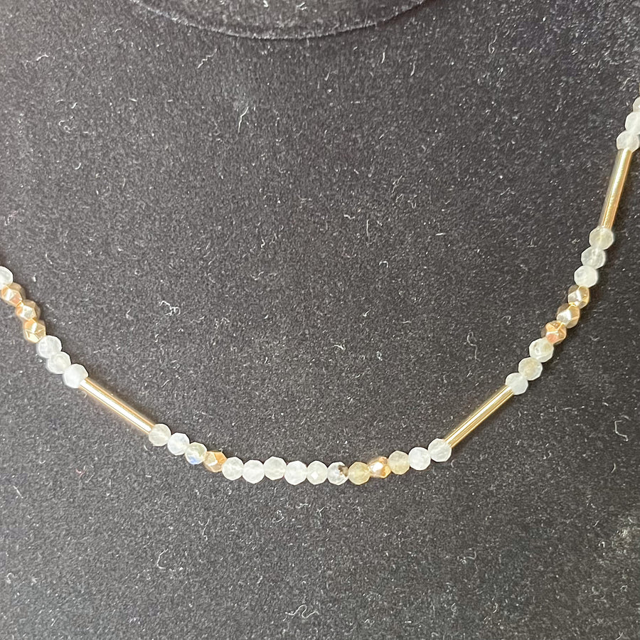 Grey/White Beaded Necklace w/Gold Bar
