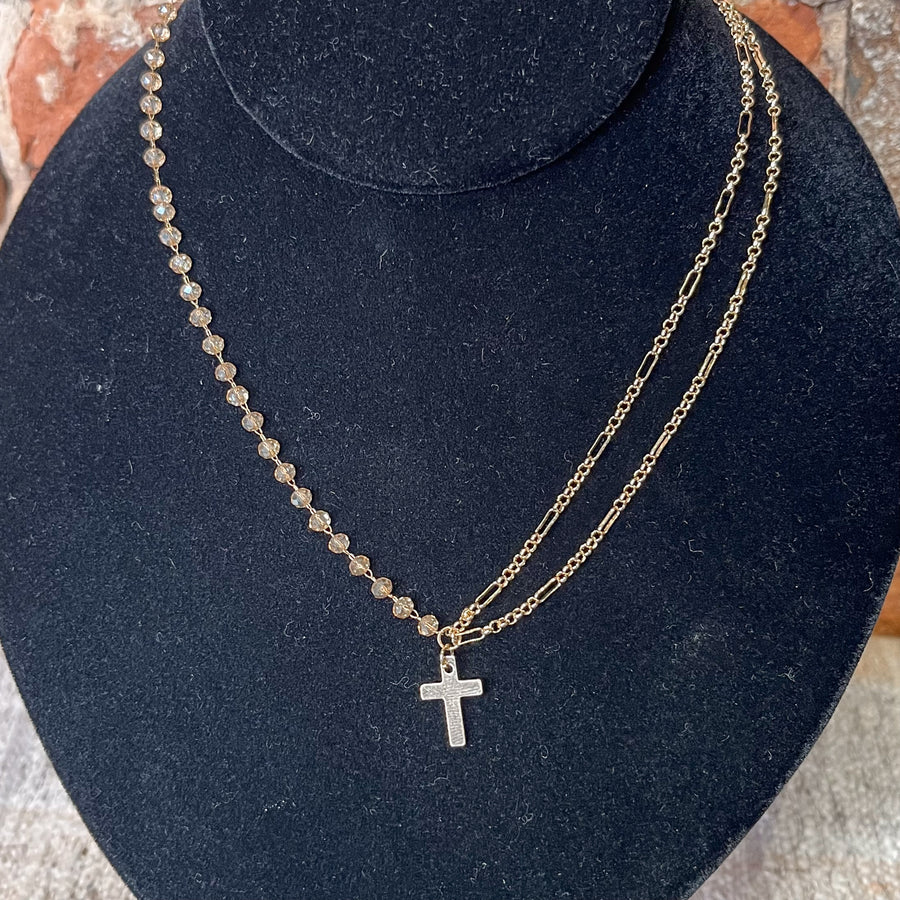 Blush/Pearl Beaded Necklace w/Gold Cross