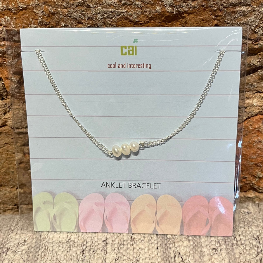 Silver Dainty & Dangle Trio Pearl Anklet
