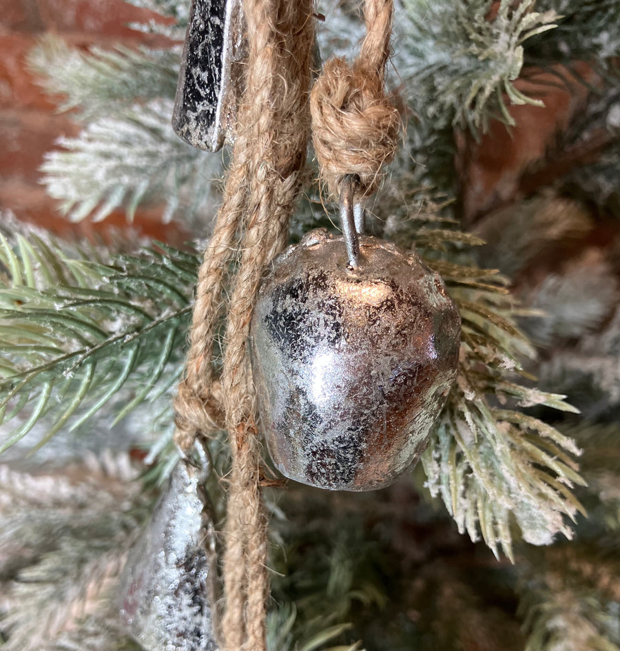 Mini Antique Silver Hanging Metal Bells w/Jute Rope 12”