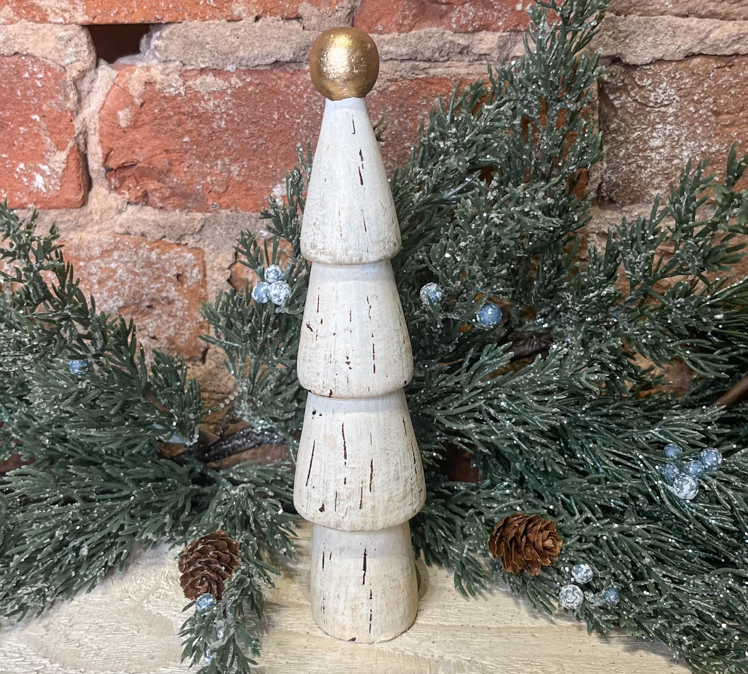 Distressed Cream Carved Mango Wood Tree w/Gold Top