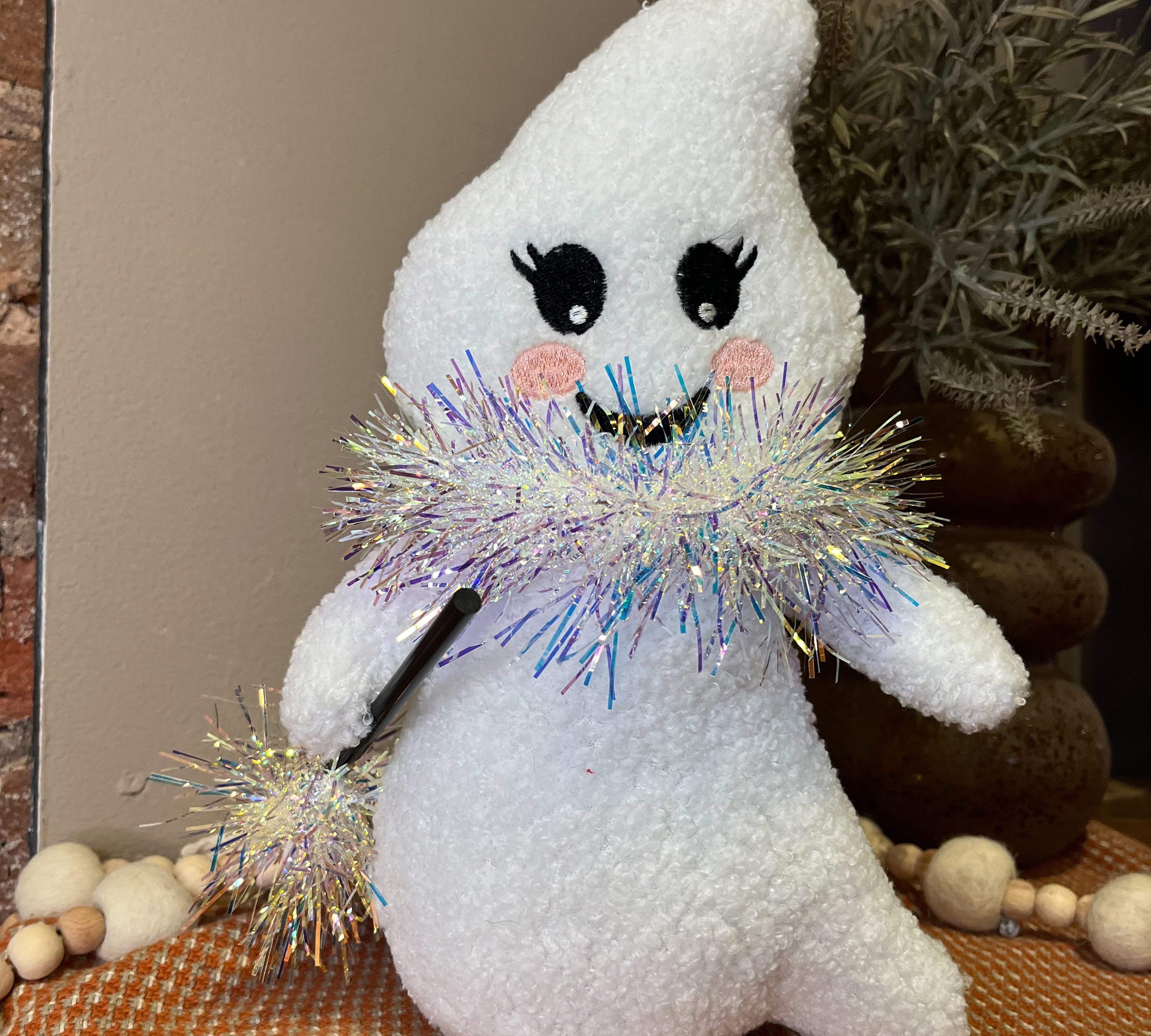 Festive Blush Plush Ghost w/ Iridescent Scarf 10.25”