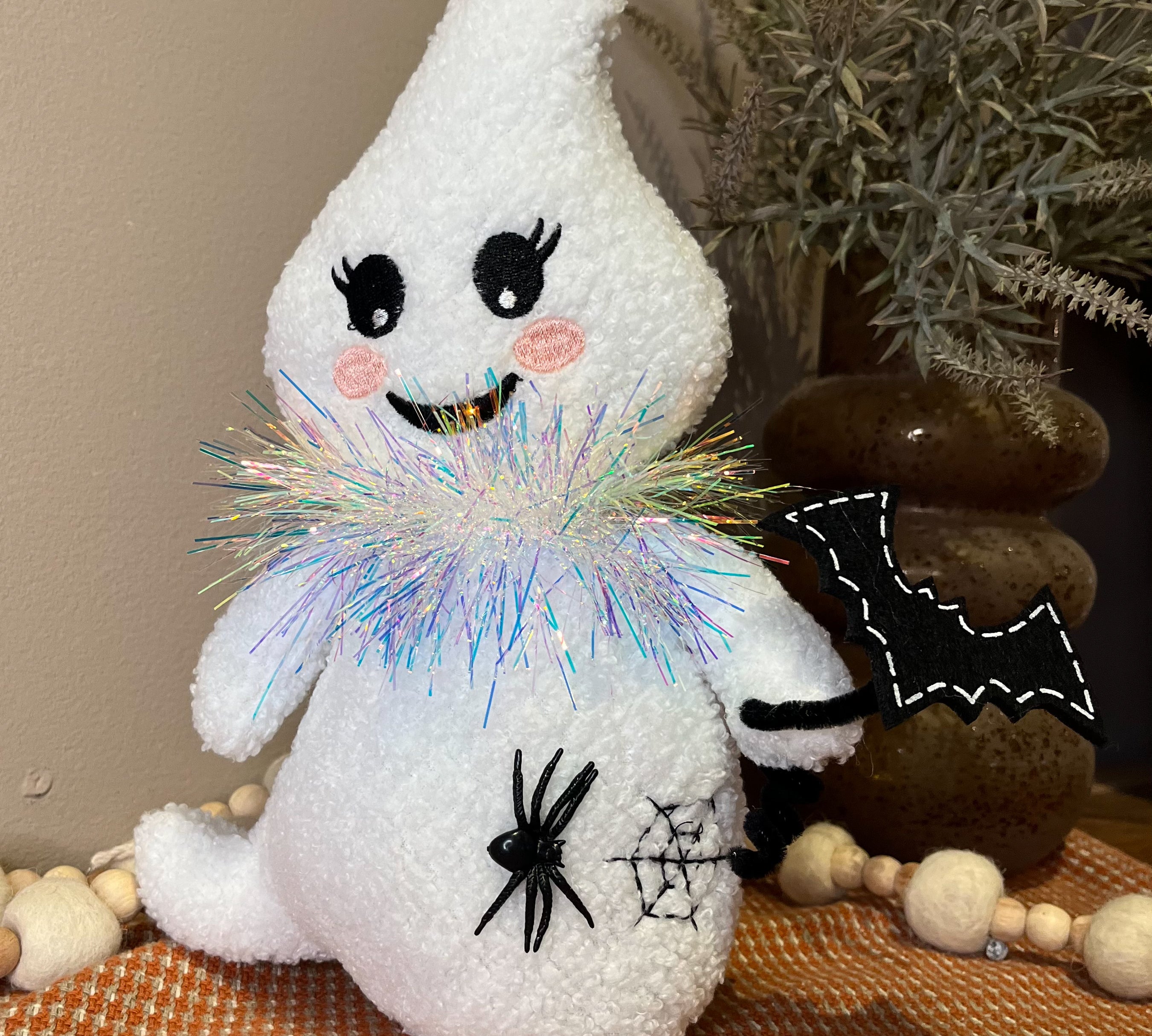 Festive Blush Plush Ghost w/ Iridescent Scarf 10.25”