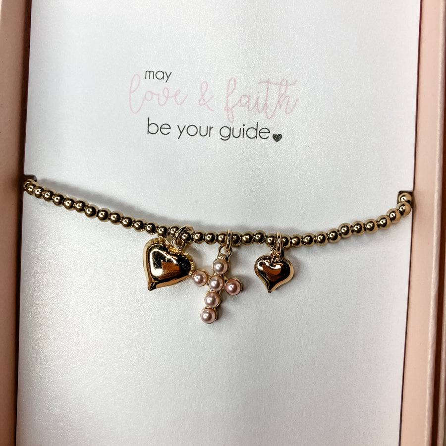 Bubble Cross Bracelet w/ Cross & Heart Charm