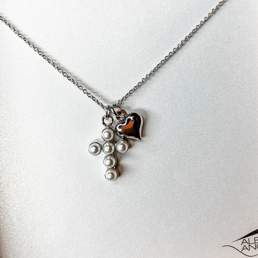 Bubble Cross Necklace w/ Cross & Heart Charm