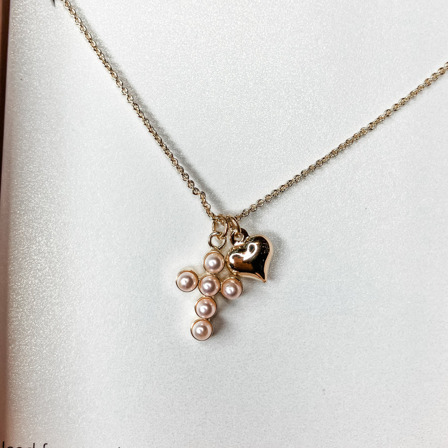 Bubble Cross Necklace w/ Cross & Heart Charm