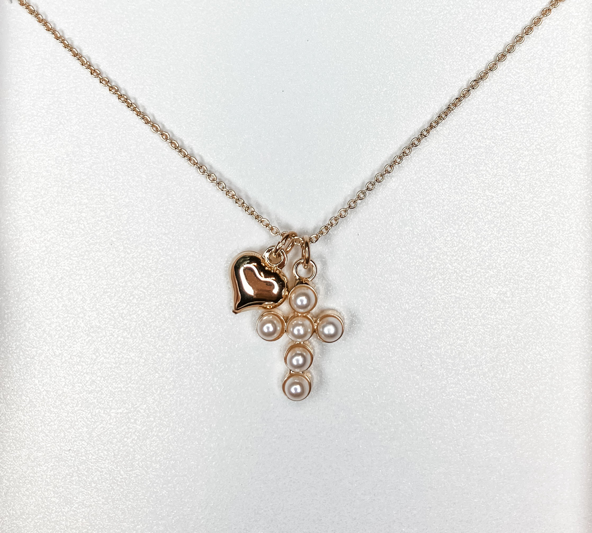Bubble Cross Necklace w/ Cross & Heart Charm