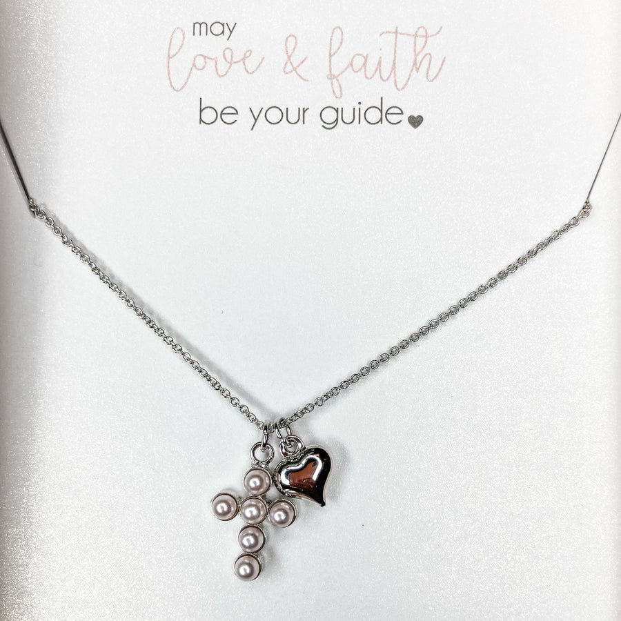 Bubble Cross Necklace w/ Cross & Heart Charm