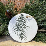White Ceramic w/Stamped Green Pine Icon Orn 4"