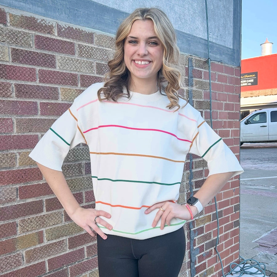 White Colorblock Stripe Short Sleeve Sweater