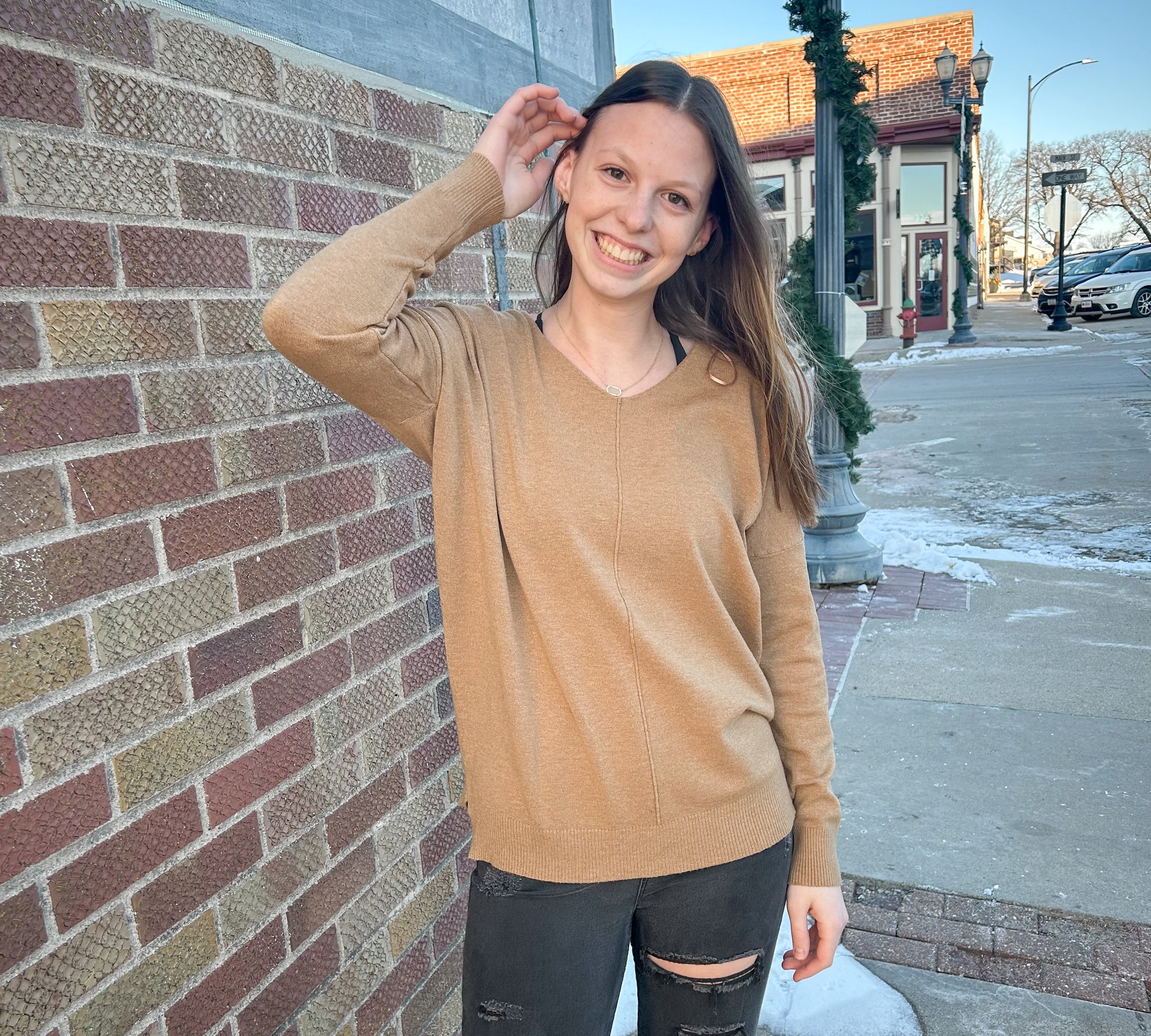 Long V-Neck Sweater w/Front Seam