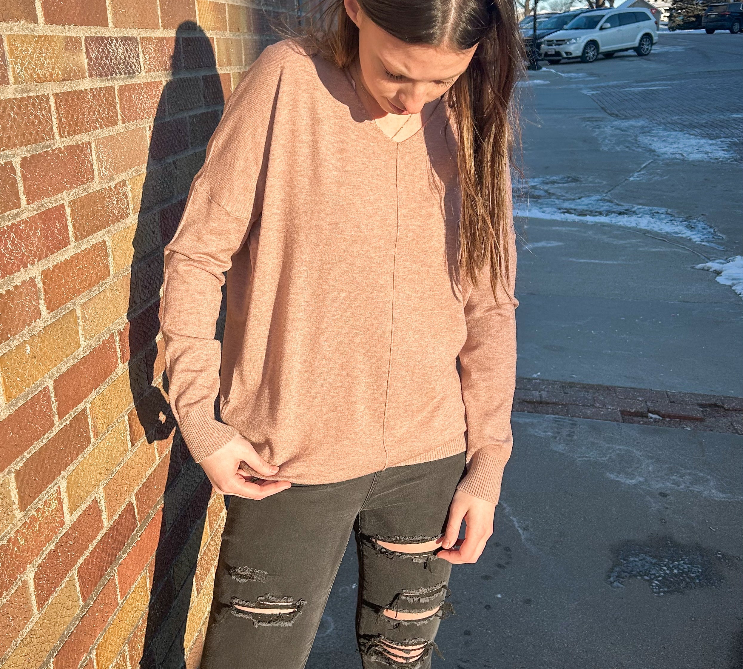 Long V-Neck Sweater w/Front Seam