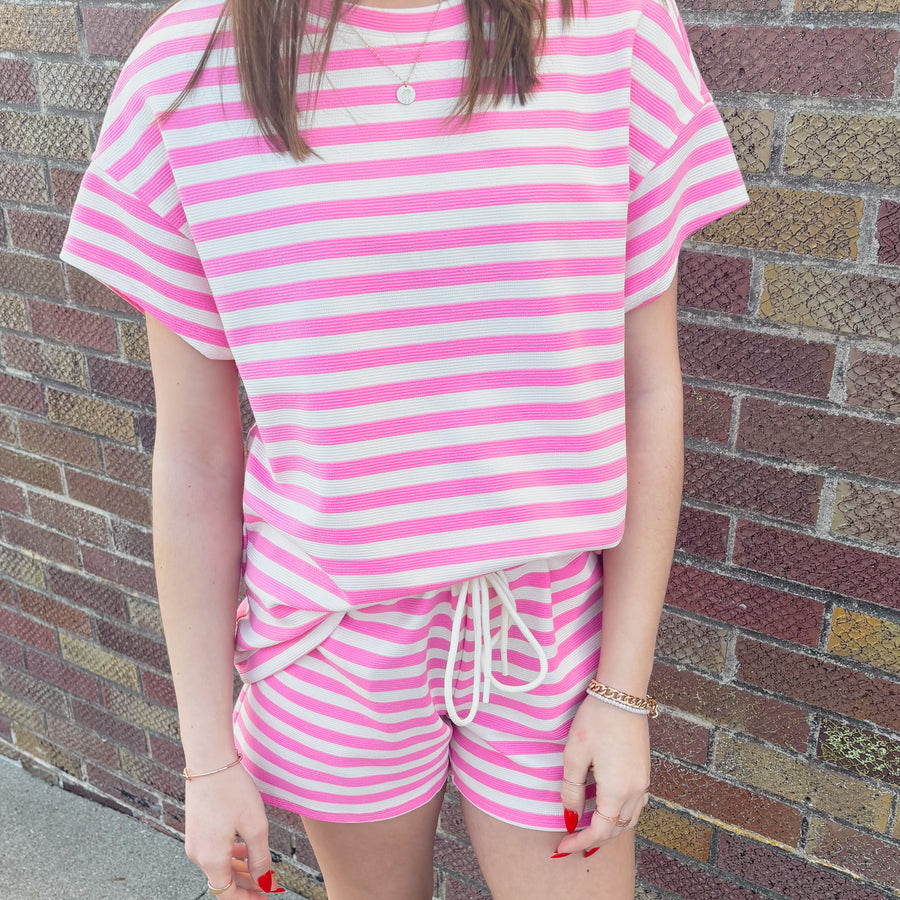 Pink/White Stripe Crew Neck Top