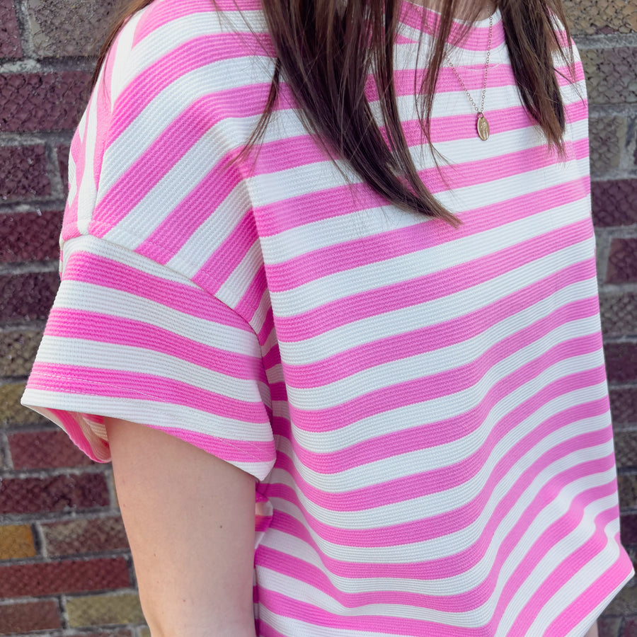 Pink/White Stripe Crew Neck Top