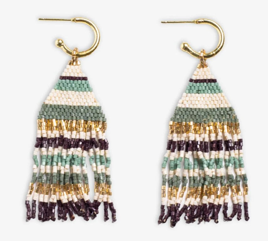 Mini Gold Hoop Horizontal Stripes Beaded Fringe Earrings