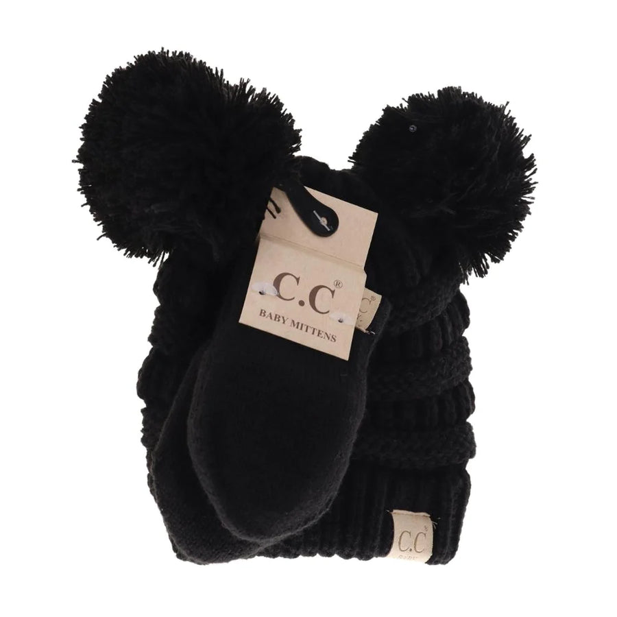 CC Baby Double Pom Solid Knit Beanie & Mitten Set