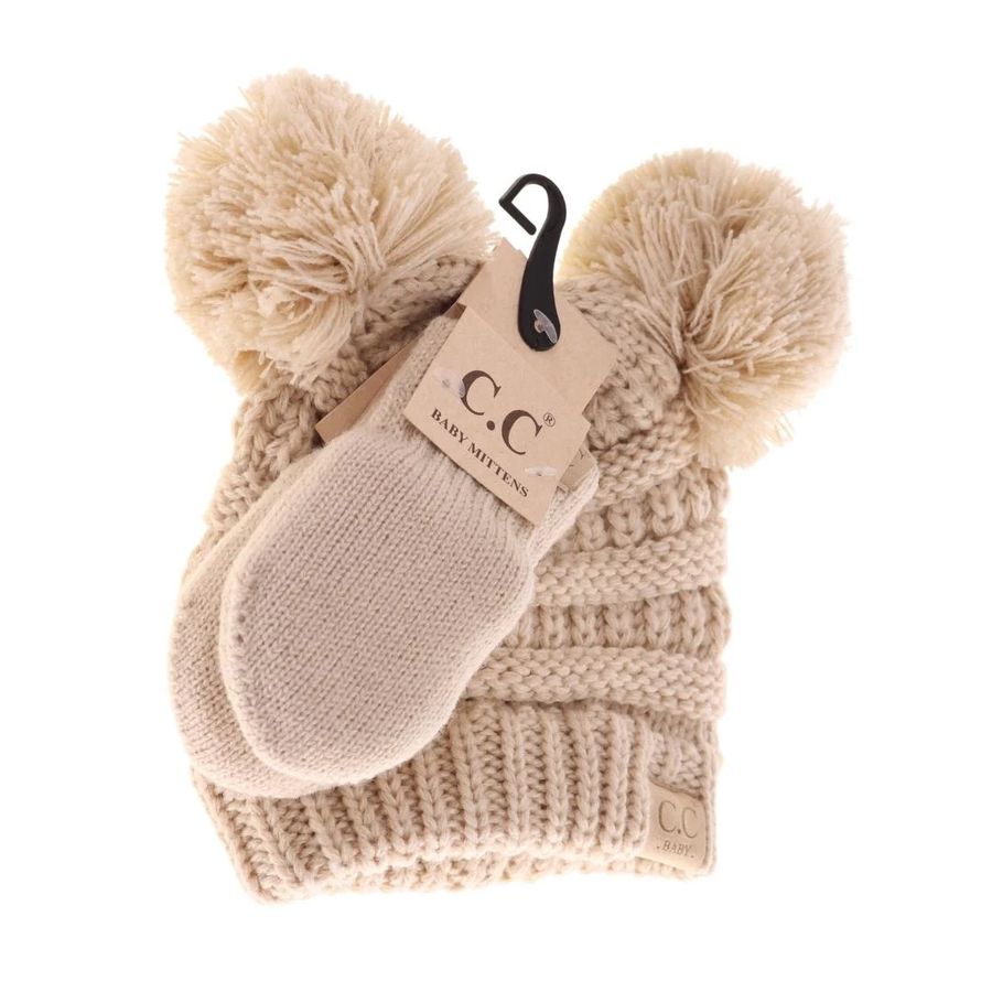 CC Baby Double Pom Solid Knit Beanie & Mitten Set