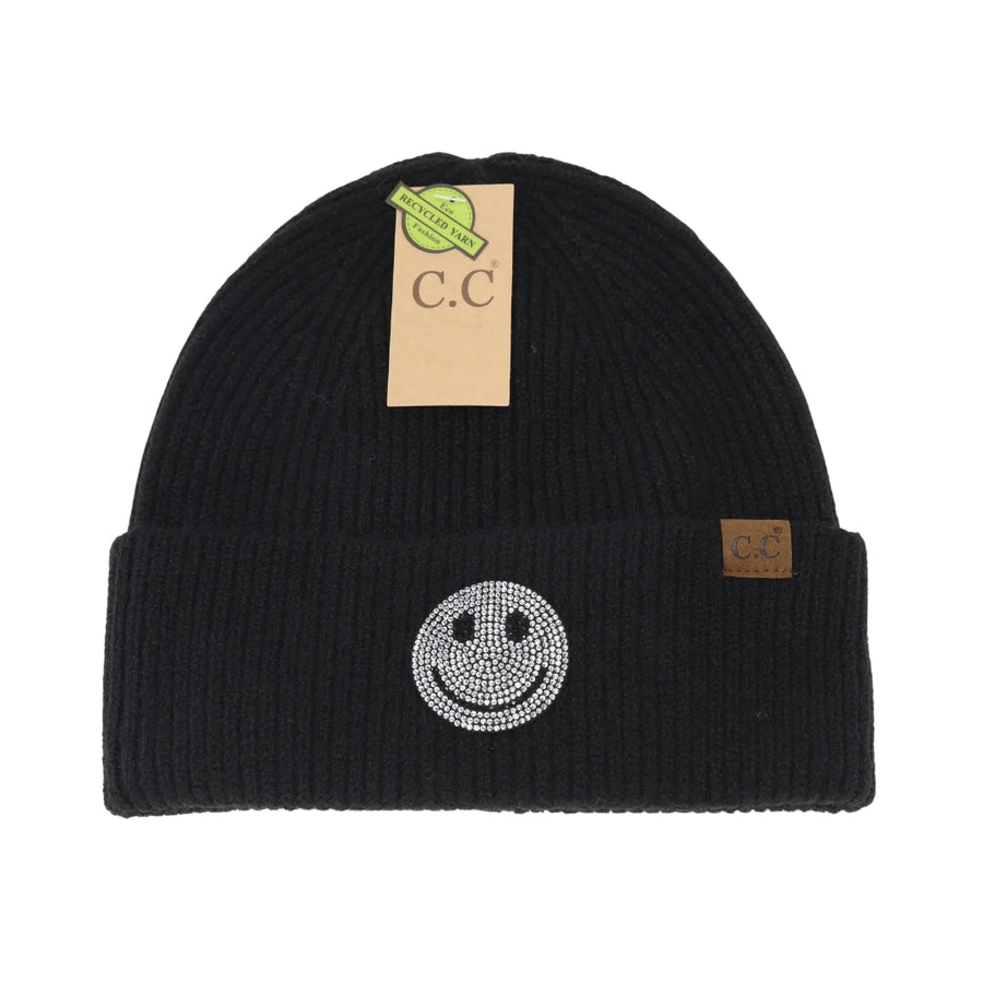 CC Rhinestone Smiley Face Cuff Beanie