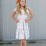 Girls Taupe Floral Flutter Sleeve Dress