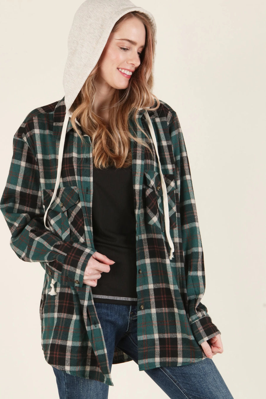 Plaid Detachable Hoodie Shacket