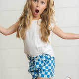 Girls Blue Checkered Denim Shorts