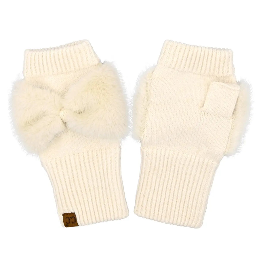 CC Faux Fur Bow Fingerless Gloves