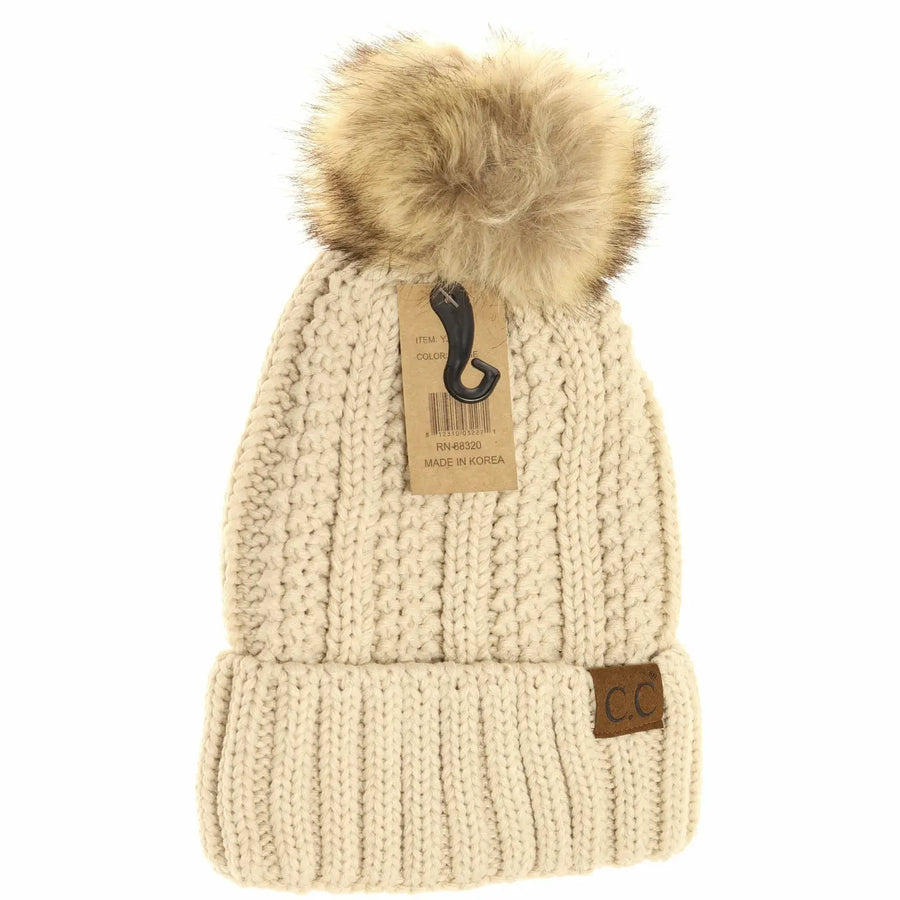 CC Fuzzy Lined Fur Pom Beanie