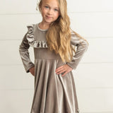 Girls Gray Silver Velvet Ruffle Dress