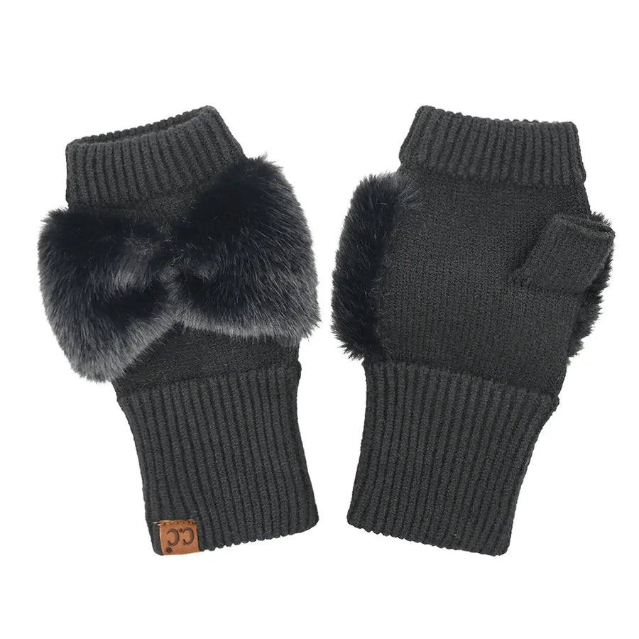 CC Faux Fur Bow Fingerless Gloves