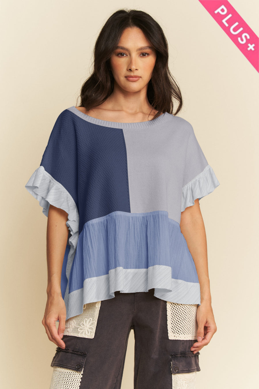 Plus Sweater Mixed Patchwork Textured Ruffle Top